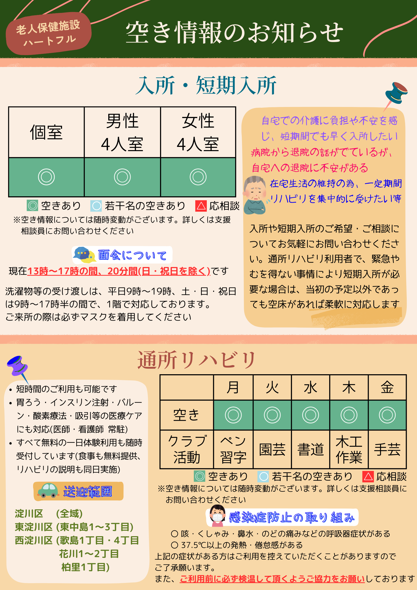 空き情報のお知らせ。入所・短期入所は個室・男性4人室・女性4人室のいずれも空きがあります。通所リハビリは月曜日から金曜日まで空きがあります。空き情報は随時変動があるので、詳しくは支援相談員にお問い合わせをお願いします